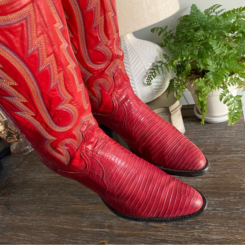 Vtg LARRY MAHAN Exotic Lizard Leather Tall Western Cowboy Boots Womens 8B Red - Picture 5 of 16